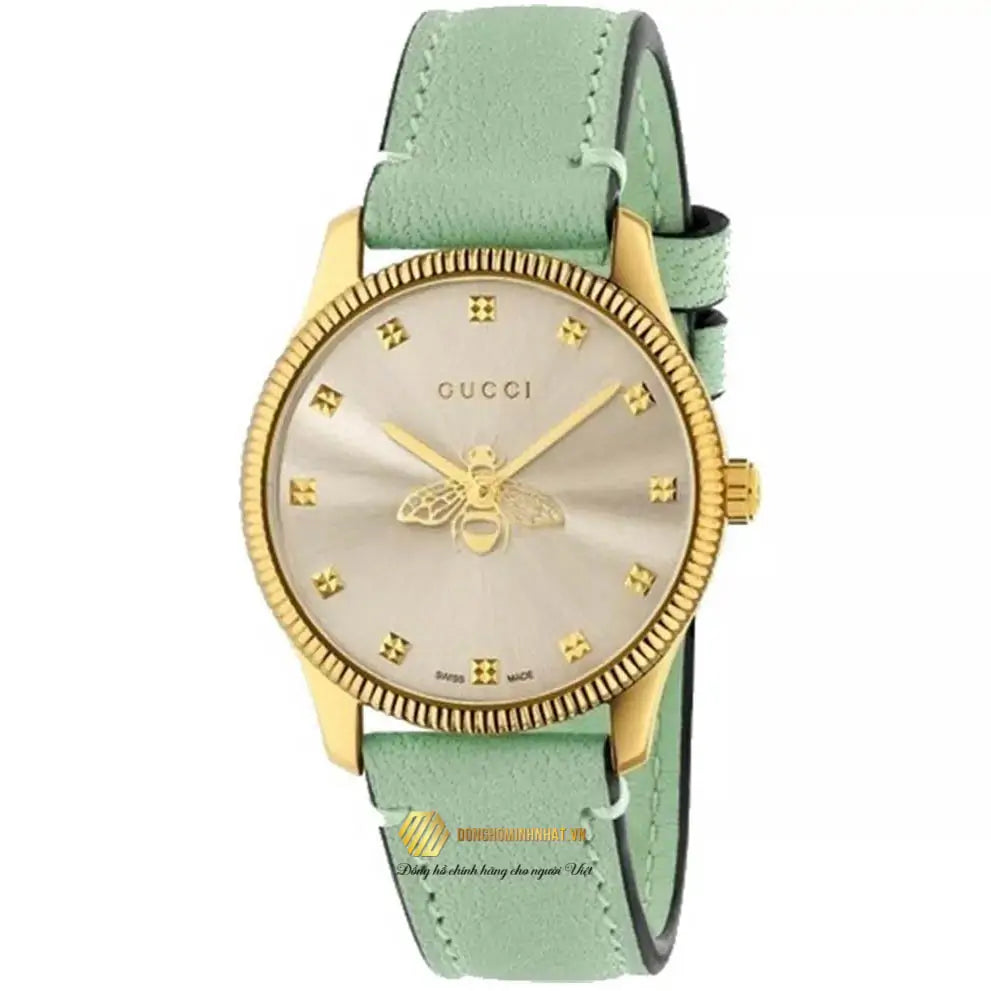 Gucci G-Timeless Silver-Gold Dial Green Leather Strap Watch